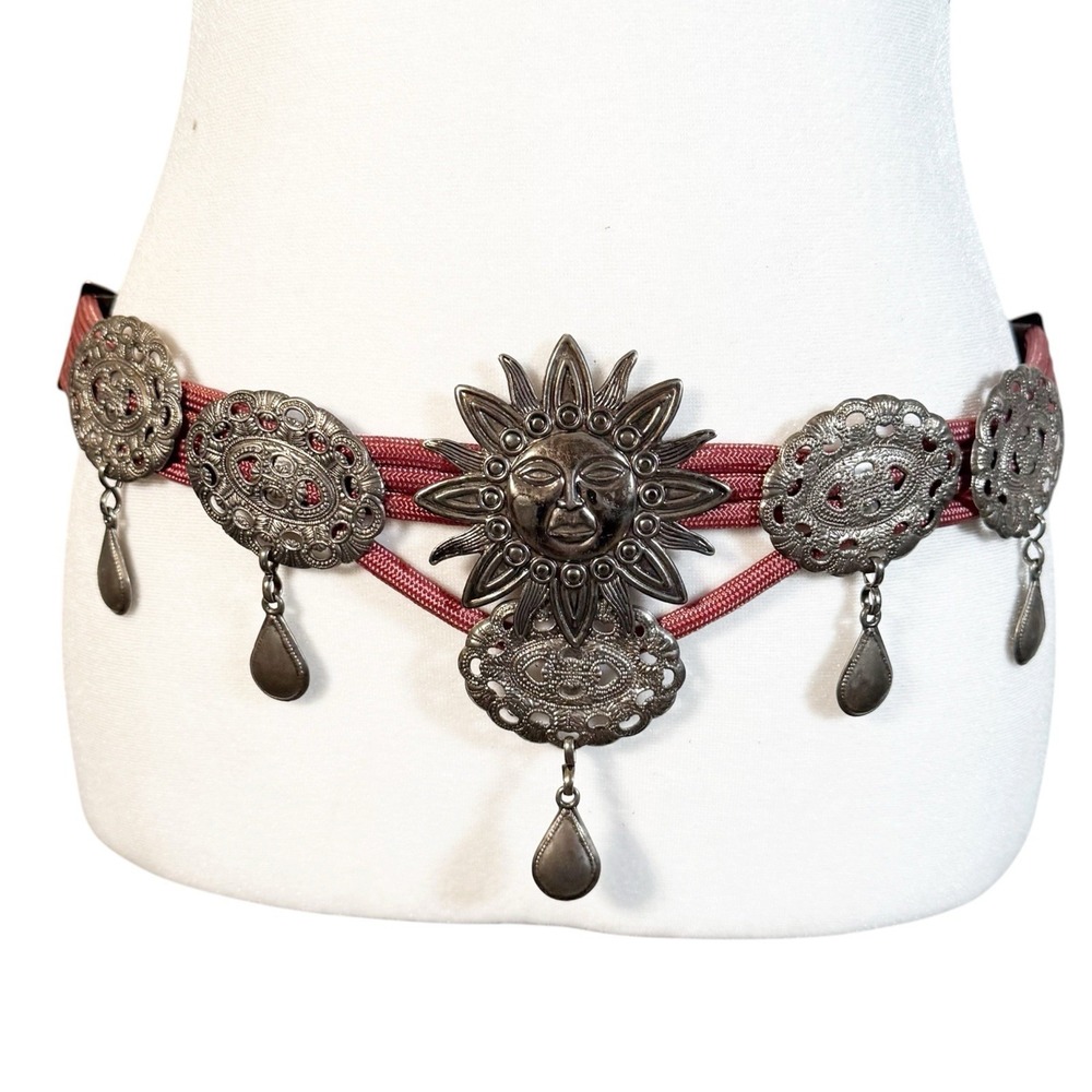 VTG Silver Celestial Sun Medallion Cord Belt Womens Small Western Boho Hippie